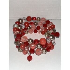 White House Black Market WHBM Multi Strand Crystal Bead Bracelet Pink Red Gold